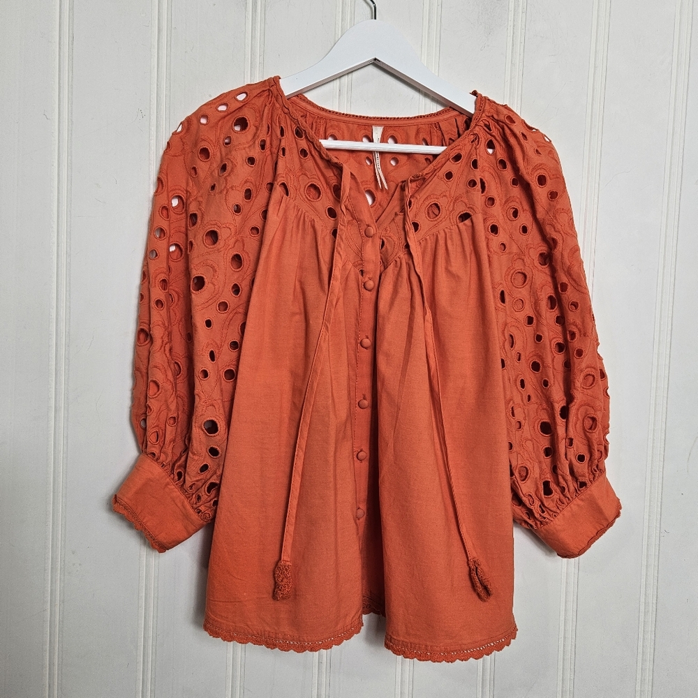 Anthropologie Orange Eyelet Peasant Blouse - Picture 2 of 16